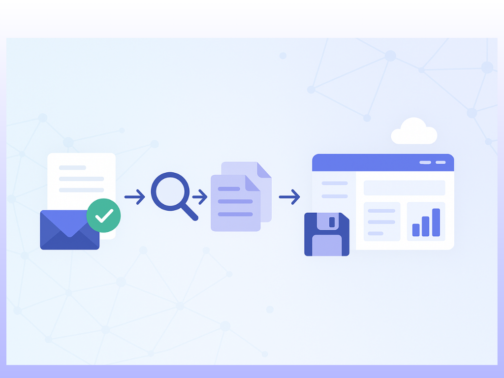 Schéma visuel du processus automatisé de facturation : réception de facture, vérification, rapprochement, archivage sécurisé et tableau de bord analytique sur interface cloud.