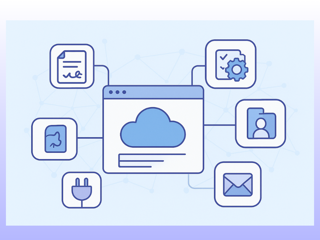 Illustration d'une plateforme cloud connectée à plusieurs modules métiers : gestion des contrats, processus qualité, ressources humaines, numérisation des documents, intégration ERP et flux d'e-mails.