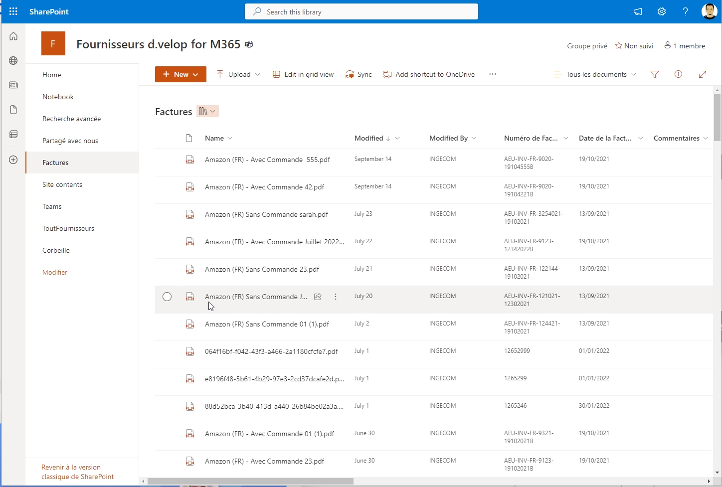 Classeur Factures Fournisseurs sous SharePoint